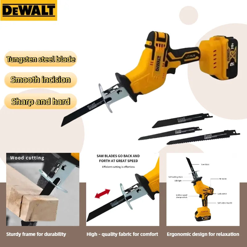 DeWalt 2800 RPM 3999 W 20 V kefenélküli elektromos fűrész — vezeték nélküli orrfűrész fém, fa és csövek vágásához, nagy teljesítményű elektromos szerszám.