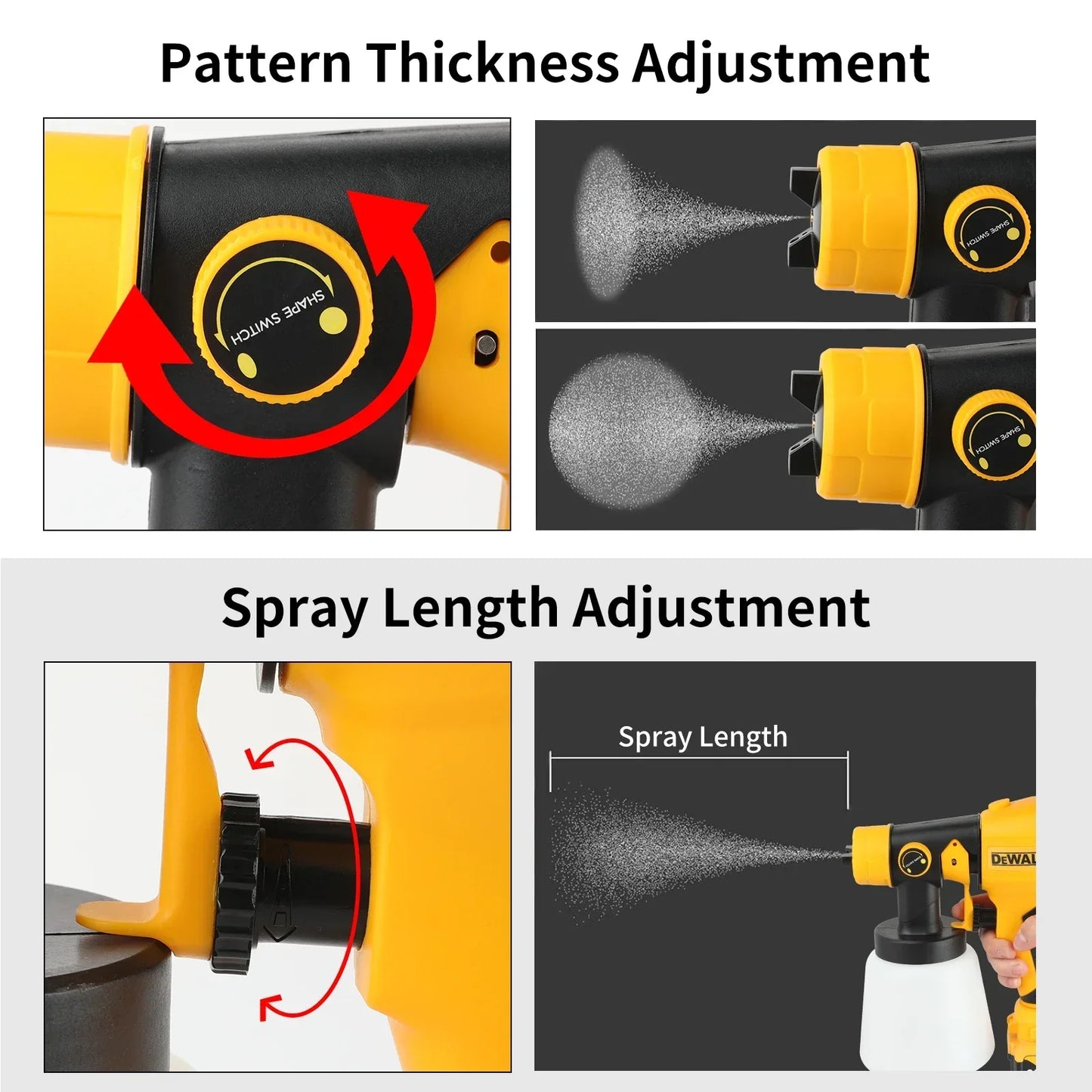 800 ml-es DEWALT elektromos festékszóró – vezeték nélküli, 18 V-os akkumulátorral – professzionális szintű eszköz falak, bútorok és barkácsprojektek egyenletes bevonásához.